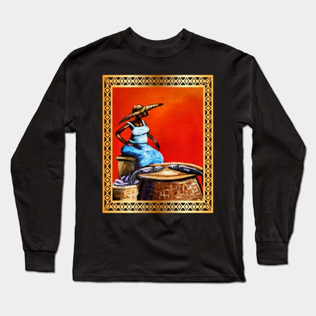 African Woman Selling Fish, African Artwork Long Sleeve T-Shirt by dukito